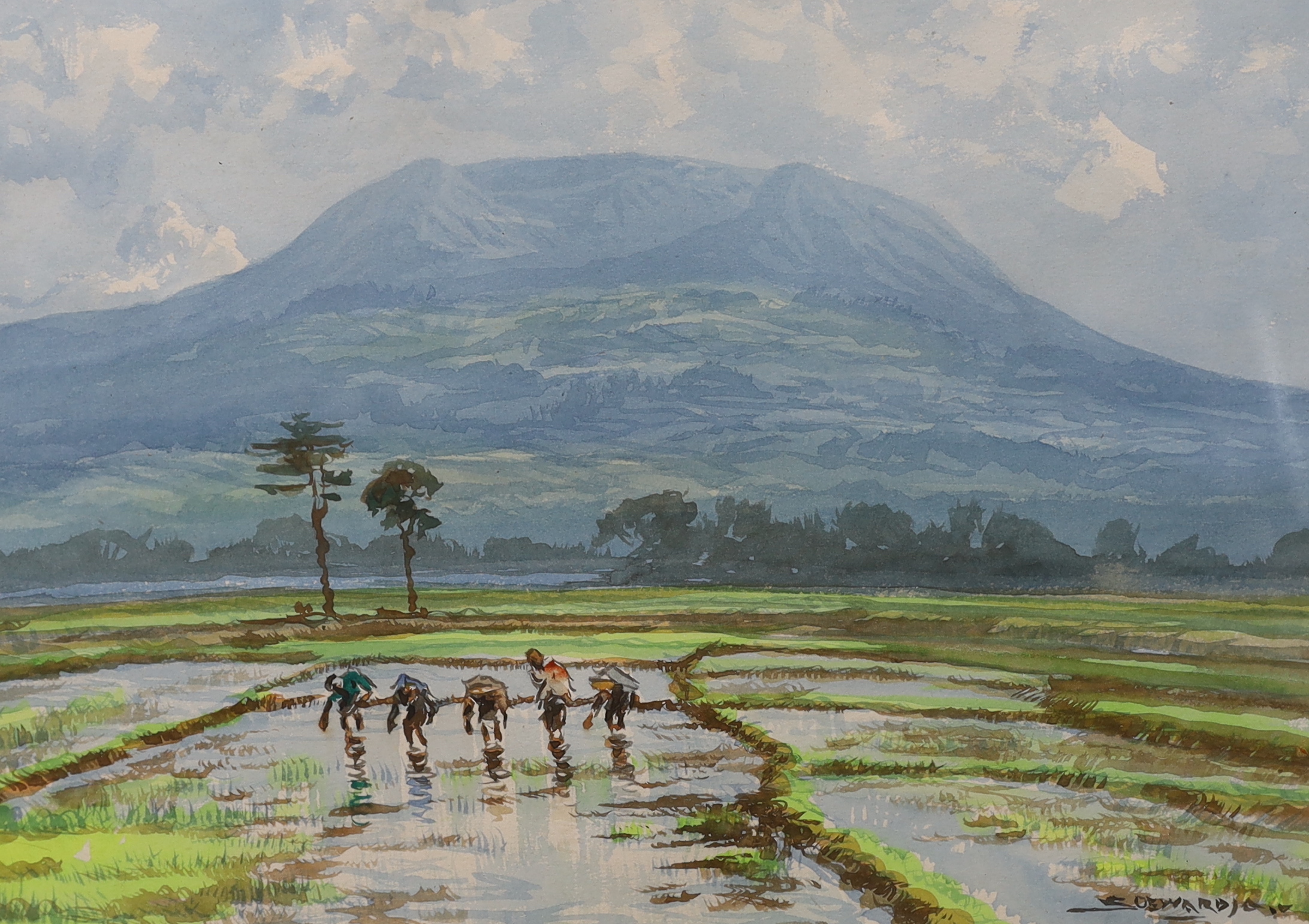 Soewardja (Indonesian, b.1900-), two watercolours, Fishermen hauling nets and Workers in a paddy field, signed, 26 x 36cm